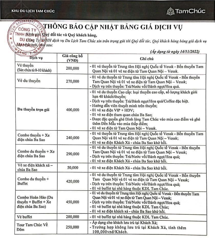Bảng giá vé thuyền và xe điện 2023 Chùa Tam Chúc Bảng giá vé thuyền và xe điện 2023